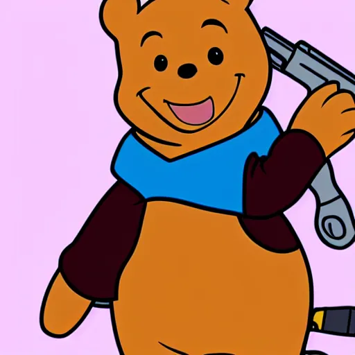 Image similar to animated 2 d styled portrait of whinnie the pooh with a gun