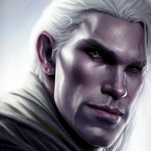 Prompt: realistic portrait of drizzt du orden by r. a. salvatore with thinner face, dark elf with purple eyes and white hair, trending on artstation, low angle oil painting and composition laws, cinematic lighting, hyperdetailed, cgsociety, 8 k