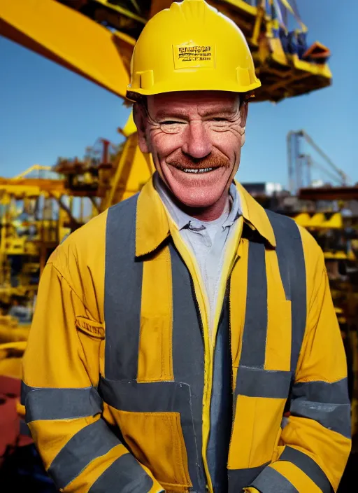 Image similar to closeup portrait of cheerful bryan cranston as a crane operator, yellow hardhat, sitting in a crane, natural light, bloom, detailed face, magazine, press, photo, steve mccurry, david lazar, canon, nikon, focus