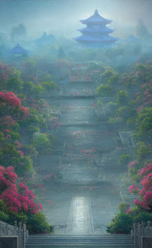 Image similar to vanishing point, palace covered with aqua blue roses like the forbidden city in distance at the red rose royal manor, viewed from afar, stephen bliss, misty, unreal engine, fantasy art by greg rutkowski, loish, ferdinand knab, and lois van rossdraws,, global illumination, radiant light, minimalist, detailed and intricate environment