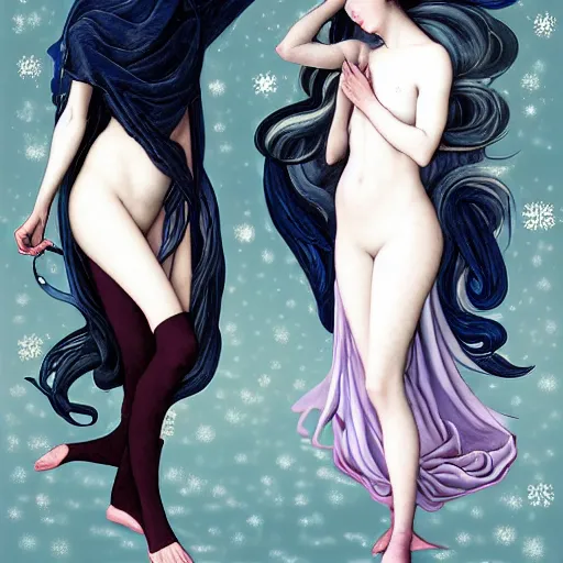 Image similar to 3 Winter Deities, (December, January, and February), in a mixed style of Æon Flux, Peter Chung, Botticelli, and John Singer Sargent, inspired by pre-raphaelite paintings, shoujo manga, and cool Japanese street fashion, sparse Winter landscape, dark and moody colors, hyper detailed, super fine inking lines, dramatic color, 4K extremely photorealistic, Arnold render