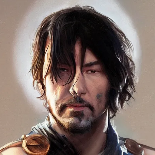 Image similar to Portrait of Keanu, D&D, face, fantasy, intricate, elegant, highly detailed, digital painting, artstation, concept art, smooth, sharp focus, illustration, art by artgerm and greg rutkowski and alphonse mucha