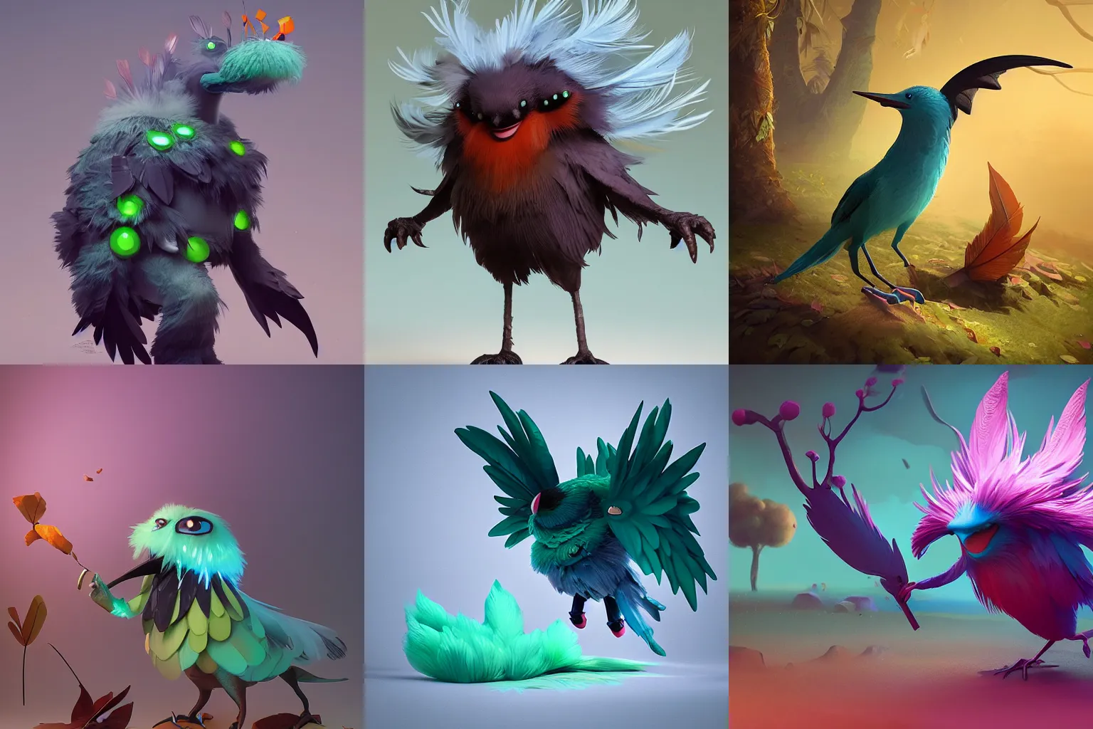 Prompt: cute! bioluminescent screaming feathers pictoplasma characterdesign toydesign toy monster bird of paradise, falling leaves, zbrush, octane, hardsurface modelling, artstation, cg society, by greg rutkowksi, by Eddie Mendoza, by Peter mohrbacher, by tooth wu