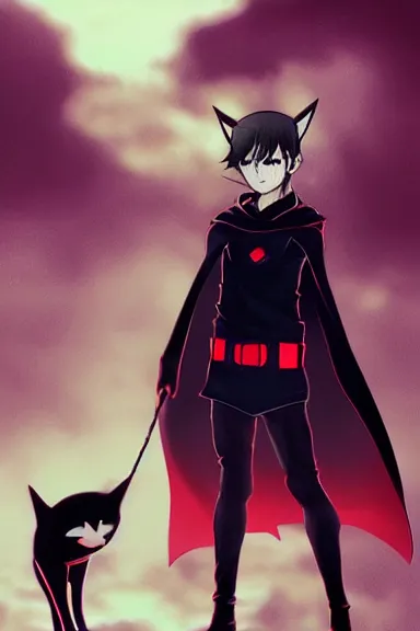 Image similar to little boy with cat ears in an black outfit with red cape. digital artwork made by lois van baarle and kentaro miura, sharpness focus, inspired by hirohiko araki, anatomically correct, heroic composition, hero pose, smooth, night city, illuminati