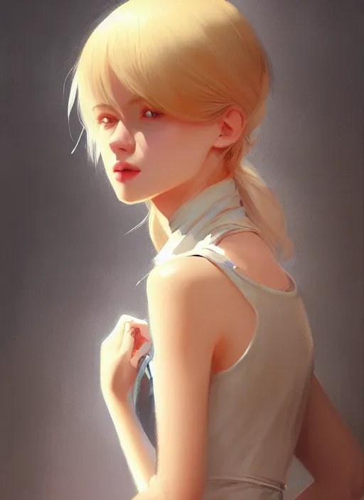 Image similar to ultradetailed beautiful painting of a stylish young lady wearing a cute dress, dramatic, she has blond hair, distressed, volumetric light, full body portrait by greg rutkowski, ilya kuvshinov, james jean, makoto shinkai, on artstation