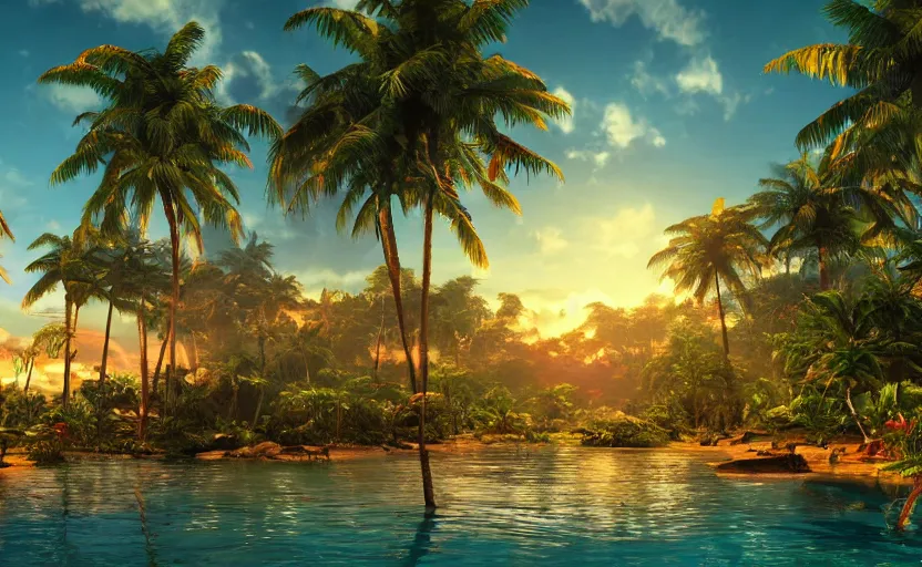 Image similar to a tropical resort in a jungle paradise, with a beautiful red and blue sunset, dynamic lighting, photorealistic fantasy concept art, trending on art station, stunning visuals, creative, cinematic, ultra detailed, ray tracing, sun rays, native tribes, wonderous waters, amazing detail