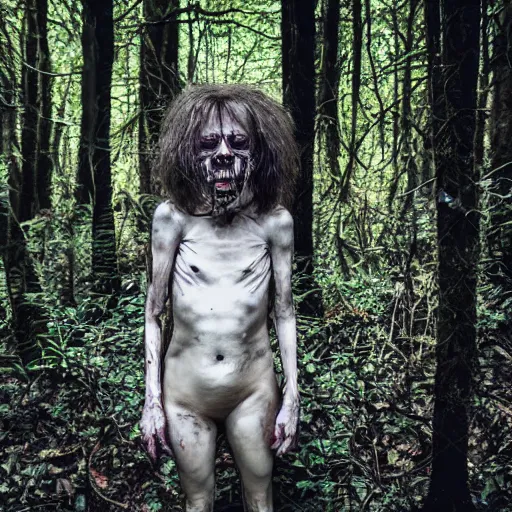 Image similar to horror, hd photography, matted hair, rotten figure, bony, grinning, long tongue, crawling through undergrowth in a dense forest in daytime, wide eyes