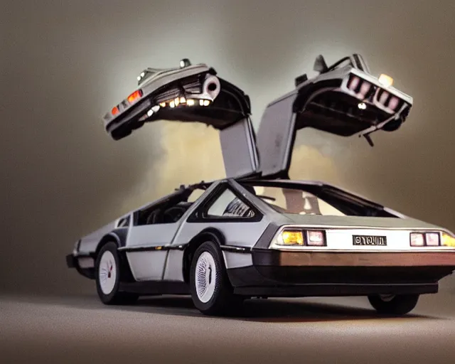 Image similar to fine art studio photo of delorean from bttf, traveling in time, ultra - realistic and intricate, epic lighting