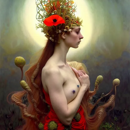 Image similar to poppy goddess unique non conventional beauty, surreal, fantasy, intricate, elegant, dramatic lighting, emotionally evoking symbolic metaphor, highly detailed, lifelike, photorealistic, digital painting, artstation, concept art, smooth, sharp focus, illustration, art by John Collier and Krenz Cushart and Artem Demura and Alphonse Mucha and Albert Aublet