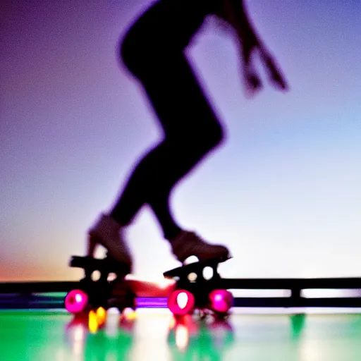 Prompt: a roller skater in a cinematic closeup. in santa monica at blue hour. canon eos c 3 0 0, ƒ 1. 8, 2 0 0 mm. 8 k. inspired by roger deakins cinematography