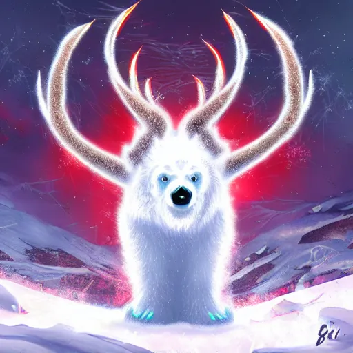 Image similar to epic frost bear, flaming horns, bright red eyes, insanity, long shot angle, despair, highly detailed digital art