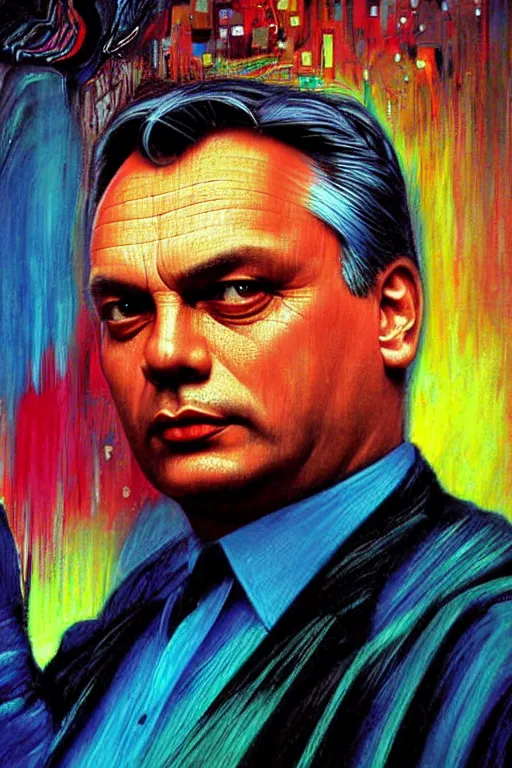 Image similar to 8 0 s art deco close up portait of viktor orban, rain like a dream oil painting curvalinear clothing cinematic dramatic cyberpunk textural fluid lines otherworldly vaporwave interesting details fantasy lut epic composition by basquiat zdzisław beksinski james jean artgerm rutkowski moebius francis bacon gustav klimt