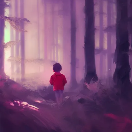 Image similar to a little boy lost in the magic woods, by elsa bleda, by ben enwonwu, by yanjun cheng, wide angle, concept art, artstation, cinematic, atmospheric, anamorphic, film