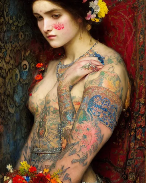 Image similar to a beautiful girl in a wedding dress with colourful tattoos surrounded by colourful flowers orientalist intricate portrait by john william waterhouse and edwin longsden long and theodore ralli and nasreddine dinet, oil on canvas. cinematic, hyper realism, dramatic lighting, high detail 8 k