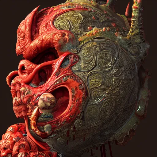 Image similar to The red alien, intricated traditional Chinese textures, rococo decorations, hyper detail, Unreal engine,Octane render, by Karol Bak