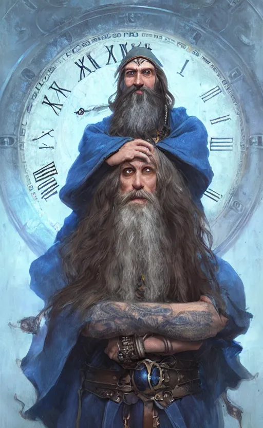 Image similar to portrait of a middle aged elf with a long beard, dressed in a blue cloak with clock iconography, brown hair, raised hand, detailed face, fantasy, highly detailed, cinematic lighting, digital art painting by greg rutkowski