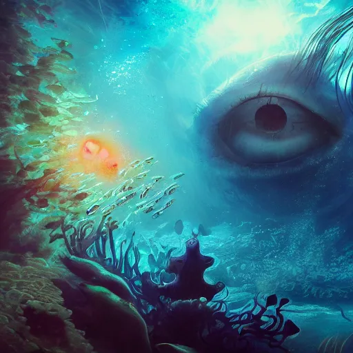 Image similar to beautifully stunning eye submerged in the depths of the ocean, james jean, brian froud, ross tran, ultra detailed, atmospheric, epic composition, coral reef, cinematic, unreal engine, flares, particles, volumetric light