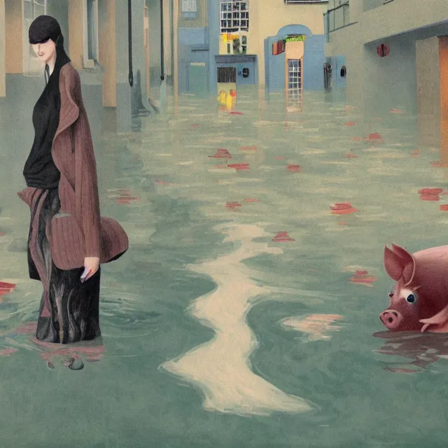 Image similar to tall female emo artist holding a pig in a flooded cafe, octopus, water gushing from ceiling, painting of flood waters inside a cafe, a river flooding indoors, pomegranates, pigs, ikebana, water, octopus, river, rapids, waterfall, black swans, canoe, berries, acrylic on canvas, surrealist, by magritte and monet