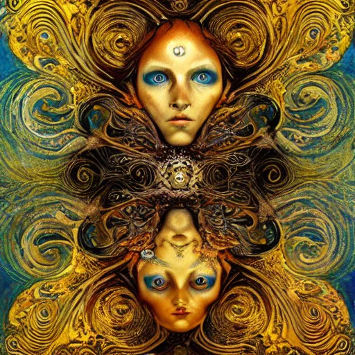 Image similar to Memento Mori by Karol Bak, Jean Deville, Gustav Klimt, and Vincent Van Gogh, beautiful visionary mystical portrait, otherworldly, fractal structures, ornate gilded medieval icon, third eye, spirals