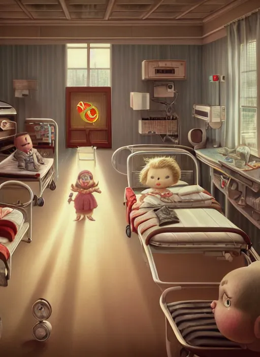 Image similar to highly detailed wide - angle portrait of a retro 1 9 6 0 s hospital, nicoletta ceccoli, mark ryden, lostfish, earl nore, hyung tae, frank frazetta, global illumination, god rays, detailed and intricate environment