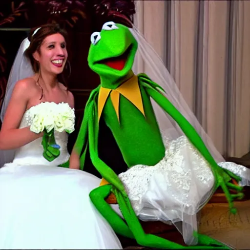 Image similar to Kermit the frogs wedding, marrying a beautiful woman in a long white wedding dress 4k hd photo