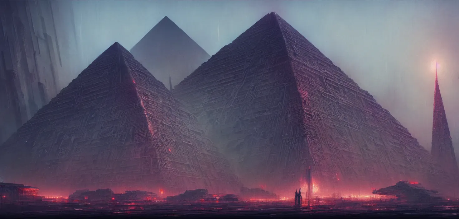 Prompt: cyberpunk egiptian pyramid overview, Greg Rutkowski, HR Giger, Wadim Kashin, in Zdzisław Beksiński color scheme, featured in artstation, octane render, cinematic, elegant, intricate, 8k