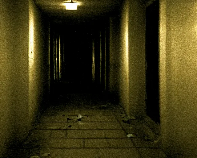 Image similar to dark abandoned hallway at night with eldritch horror, letterboxing, widescreen, 40mm tape, technicolour film, grainy, horror