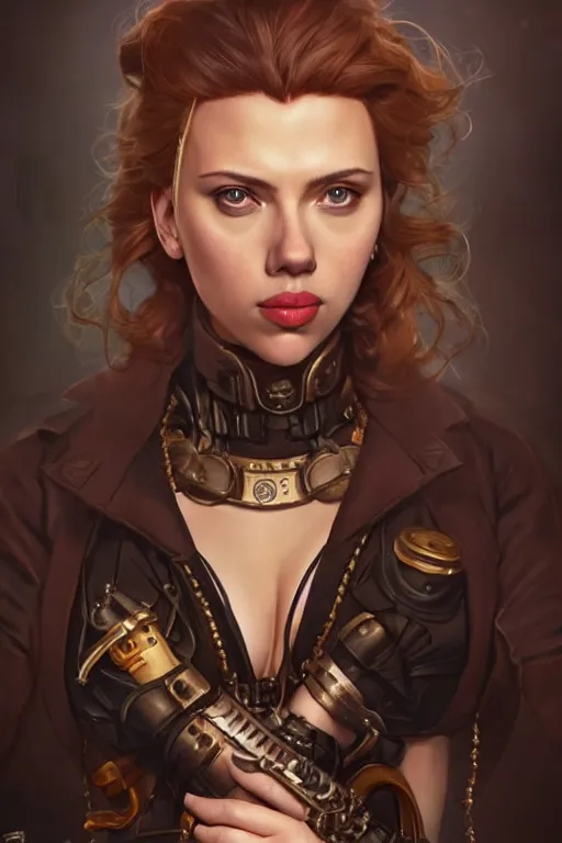 Prompt: Scarlett Johansson in a steampunk outfit, anatomy, only two hands, highly detailed, digital painting, artstation, concept art, smooth, sharp focus, illustration, Unreal Engine 5, 8K, art by art by artgerm and greg rutkowski and edgar maxence