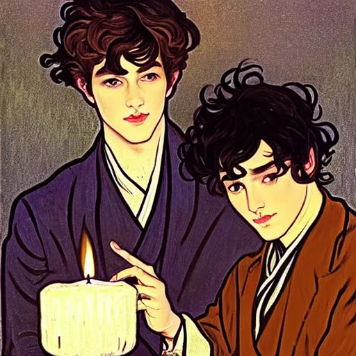 Image similar to painting of young cute handsome beautiful dark medium wavy hair man in his 2 0 s named shadow taehyung and cute handsome beautiful min - jun together at the halloween! party, bubbling cauldron!, candles!, smoke, autumn! colors, elegant, wearing suits!, clothes!, delicate facial features, art by alphonse mucha, vincent van gogh, egon schiele