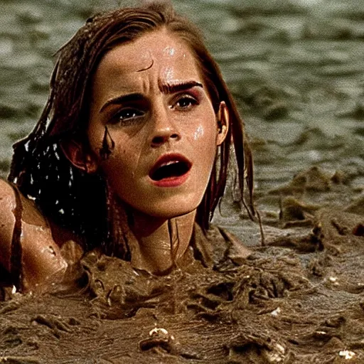 Image similar to film still, close up, emma watson rising out of muddy vietnam river, face covered in mud, low camera angle at water level, night time, film still from apocalypse now ( 1 9 7 9 ), 2 6 mm