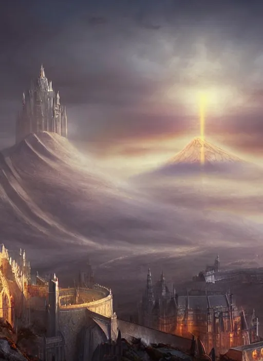 Prompt: beautiful gold fantasy city made from white stone and bright copper built on the side of a volcano, gondor, misty, red sky, medieval city, metropolis, magic, gorgeous clouds, white marble, god rays, digital art, landscape, fantasy art, octane render, ureal engine, high detail, very realistic, by greg rutkowski. by james gurney