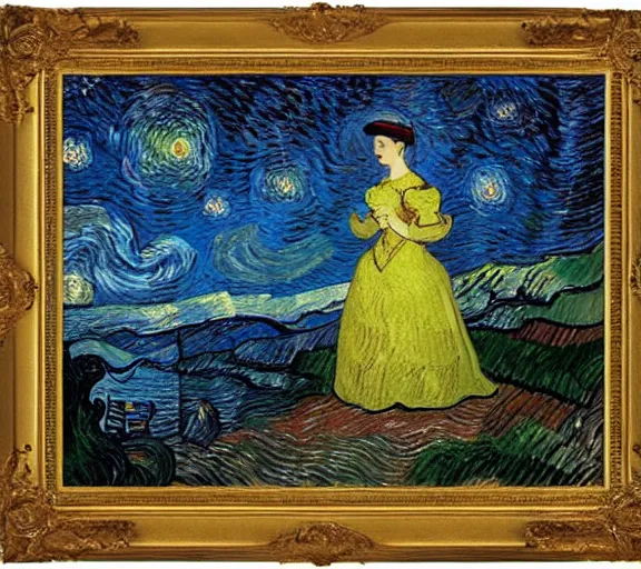 Image similar to Victorian woman singing quietly by a sacred lake at night, bright fire flies, big moon, stars, painted by Vincent van Gogh, Jacques-Louis David detailed