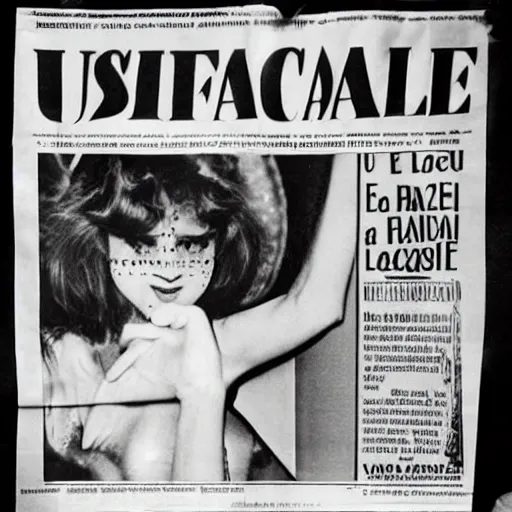 Image similar to front page of a French newspaper from 1977 with large headline declaring: Un scandale ! accompanied by a large photograph of brunette young beautiful fashionable slender pop star Daphne LaCroix covering her face from the flash of paparazzi bulbs