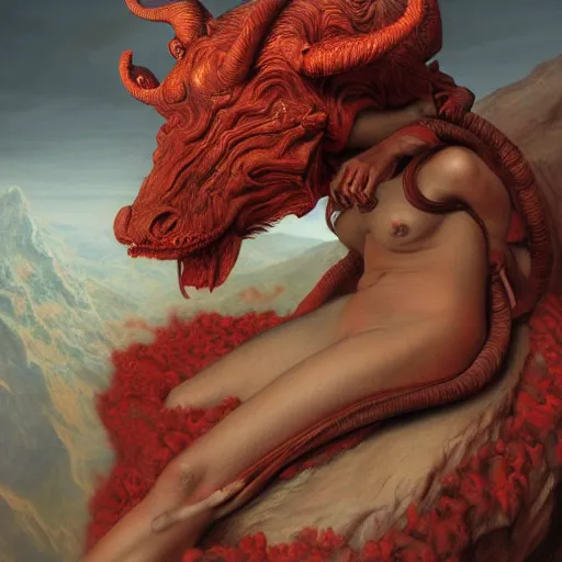 Image similar to a masterpiece! photographic portrait of a scarlet - colored beast with seven ( 7 ) heads and ten ( 1 0 ) horns by gustave dore and stephen hickman and allen williams, trending on artstation, cgsociety, 8 k hd, earthtone colors, a cloaked woman riding the back of the beast