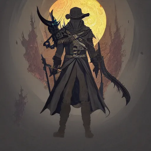 Image similar to an ultra detailed vector image of the hunter from bloodborne dressed as solaire of astora, concept art by alphonse mucha and greg rutkowski, scary shadows, blood moon eclipse, octane render, liminal space