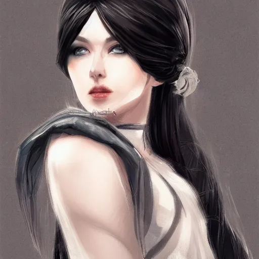 Image similar to beautiful girl, portrait, ice magic, long face, sharp features, black hair, dark robe, sharp focus, intricate, elegant, highly detailed, cgsociety, trending on artstation, dnd, castle background, warm light, concept art, illustration