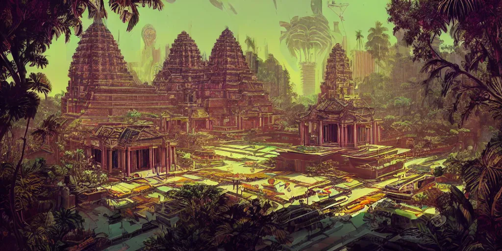 Image similar to synthwave synthwave a large kowloon khmer temple on the moon, filled with plants and habitats, hyper detailed, dieselpunk, technology, cinematic atmosphere, trending on artstation, cgsociety, pressed penny art