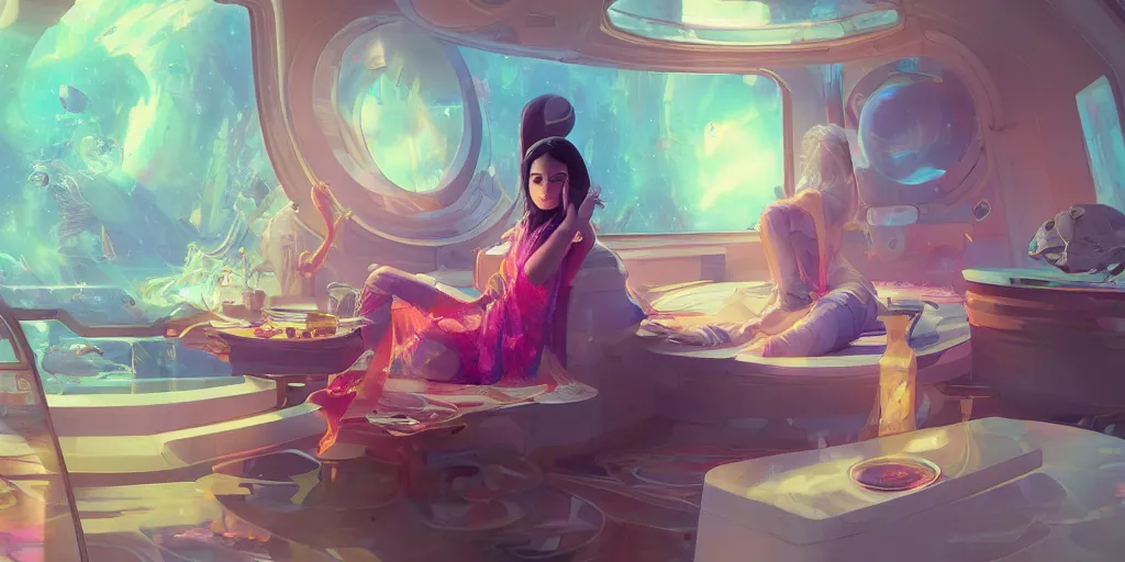 Prompt: beautiful young Himalayan woman, sitting in personal quarters of spaceship with furniture, sad, fish tank, somber, iridescent sci-fi kimono, by Makoto Shinkai and Wojtek Fus, by studio trigger, rossdraws, ambient occlusion, clean lineart and color, vibrant