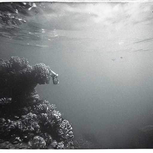 Prompt: analog photograph of a gigantic underwater sea monster, a small female scuba diver for scale, film grain, color bleed, bokeh, depth of field