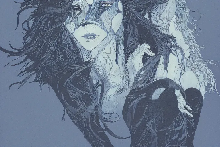 Image similar to werewolf portrait, balenciag intricate complexity. matte paper, cut paper texture. by Jeffrey Catherine Jones, James jean, Miho Hirano, Hayao Miyazaki, coarse gritby. Full of light-blue and silver and white layers. Exquisite detail 8K