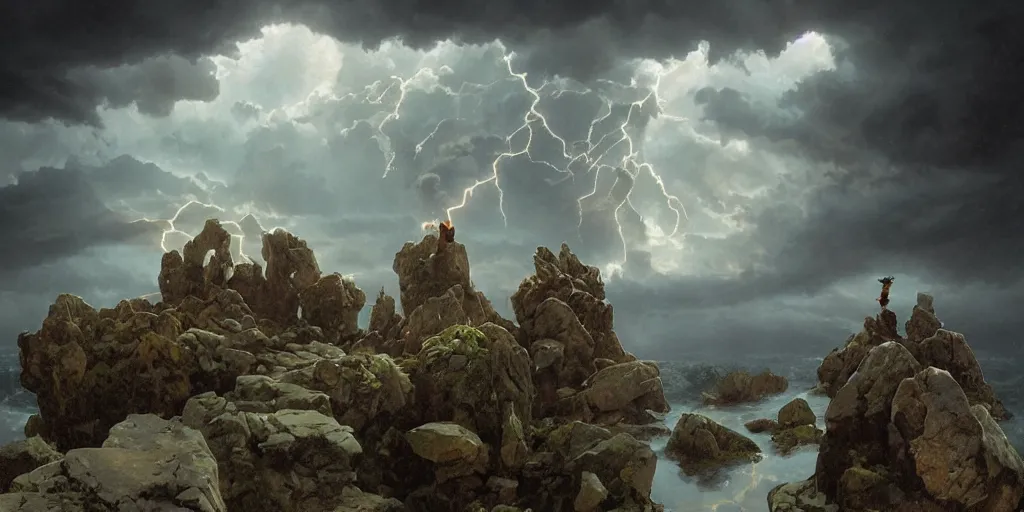 Prompt: photorealistic epic landscape with magically floating rocks, with ominous storm clouds by alphonse mucha. strange levitating stones, stones falling from the sky, swirls of mist. occult photorealism, uhd, amazing depth, glowing, volumetric lighting, cinematic lighting, by artgerm and greg rutkowski