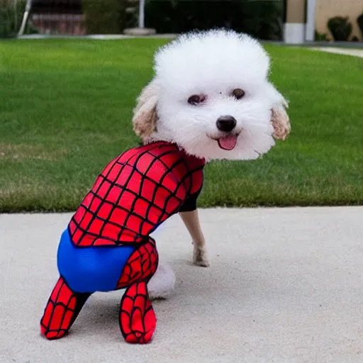 Image similar to dog wearing spiderman suit