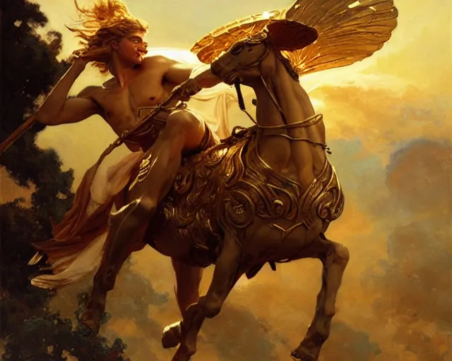 Image similar to attractive apollo greek god, riding his fire chariot. highly detailed painting by gaston bussiere, craig mullins, j. c. leyendecker 8 k