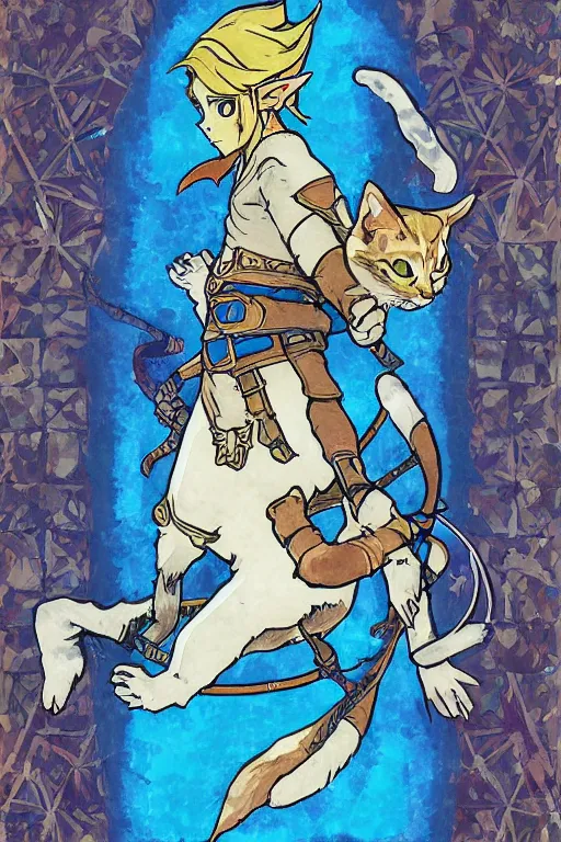 Image similar to link from The Legend of Zelda: Breath of the wild playing with a cat by and mucha,geometric shapes, hard edges ,Visual Communication Design