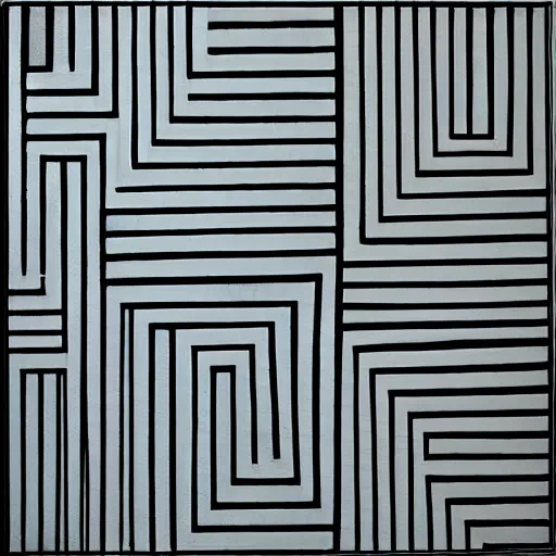 Prompt: a geometric painting in the style of Pierre Soulages which is aligned to an invisible square grid, varied line width and value, simple geometric shapes of varied size, monochromatic with pops of pastel tones