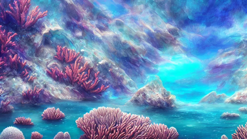 Prompt: landscape, corals, nacre, sea, white, iridescent. fantasy, digital painting, hd, highly detailed, vibrant colors.