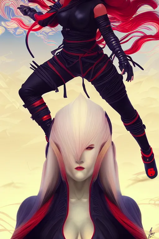 Prompt: portrait of a very beautiful female ninja gaiden momiji, stormy snowy fiji mountain, angular and altermodern, highly detailed, artstaion, digital painitng, radiant light, an ultrafine hyperrealistic illustration by artgerm and mucha and beeple