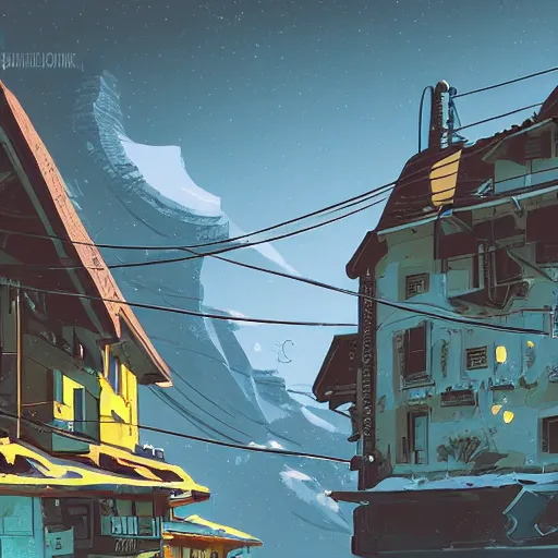 Prompt: an alpine village, cyberpunk, digital art, in the style of Syd Mead
