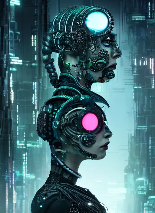 Image similar to 35mm portrait of complex, sophisticated and intricate 7 of 9 borg with eye implant, on the background of a weird magical mechanical forest. Round gears visible inside her hear. Very detailed 8k. Fantasy cyberpunk horror. Sharp. Cinematic post-processing