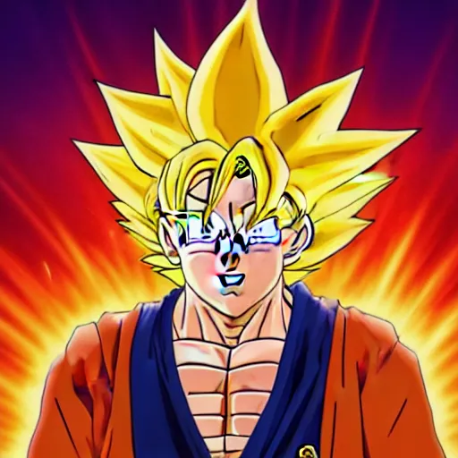 Image similar to portrait of Bernie Sanders from dragon ball z with glowing golden aura flying over a desert field, super saiyan 3, yellow spiky hair, high quality photo